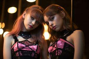 dois jovem mulheres dentro Preto e Rosa lingerie posando para a Câmera generativo ai foto