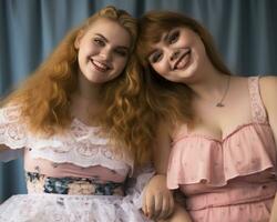 dois jovem mulheres dentro vestidos posando para a Câmera generativo ai foto