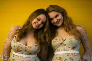 dois jovem mulheres posando para uma foto contra uma amarelo fundo generativo ai