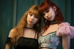 dois jovem mulheres com vermelho cabelo em pé Próximo para cada de outros generativo ai foto