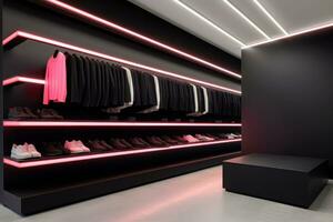 luxo e elegante marca Novo interior do pano loja com néon Sombrio fundo, publicidade do Preto Sexta-feira barato roupas, generativo ai ilustração foto