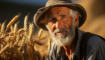 uma sorridente agricultor, dentro natureza, colheita debaixo a pôr do sol gerado de ai foto