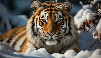 majestoso Bengala tigre olhando fixamente, neve coberto floresta, beleza dentro natureza gerado de ai foto