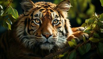 Bengala tigre, feroz e lindo, esconde dentro tropical floresta tropical gerado de ai foto