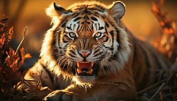 majestoso Bengala tigre olhando fixamente, feroz beleza dentro natureza gerado de ai foto