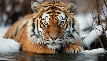 majestoso Bengala tigre olhando fixamente, selvagem beleza dentro natureza tranquilidade gerado de ai foto