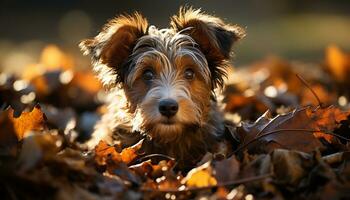 fofa cachorro sentado dentro outono floresta, olhando às Câmera gerado de ai foto