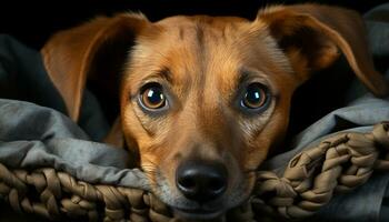 fofa cachorro olhando às Câmera, de raça pura cachorro sentado dentro de casa gerado de ai foto