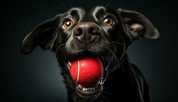 fofa cachorro jogando com brinquedo bola, olhando às Câmera gerado de ai foto