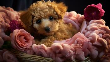 fofa cachorro sentado, olhando às Câmera, cercado de flores gerado de ai foto