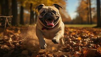 fofa buldogue cachorro jogando ao ar livre dentro outono floresta gerado de ai foto