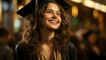 jovem mulher dentro graduação vestido comemora sucesso ao ar livre gerado de ai foto