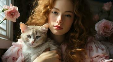 uma lindo mulher com grandes loiro cabelo abraços uma fofa gatinho gerado de ai foto