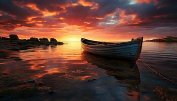 pôr do sol sobre tranquilo mar, pescaria barco reflete beleza dentro natureza gerado de ai foto