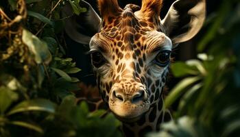 girafa olhando às Câmera, cercado de tropical floresta tropical gerado de ai foto