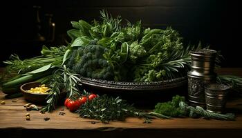 frescor do orgânico legumes em rústico de madeira mesa gerado de ai foto
