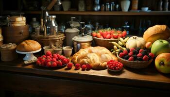 uma rústico mesa monitores uma gourmet refeição do fresco frutas gerado de ai foto