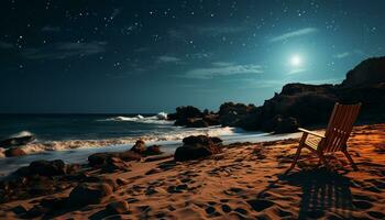 tranquilo crepúsculo, ondas batida em arenoso litoral, natureza beleza gerado de ai foto