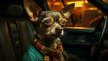 fofa cachorro sentado dentro carro, olhando ao ar livre, desfrutando natureza gerado de ai foto