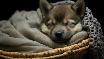 fofa cachorro dormindo, fofo e confortável dentro uma pequeno cesta gerado de ai foto