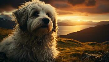 fofa cachorro sentado dentro grama, olhando às pôr do sol, puro felicidade gerado de ai foto