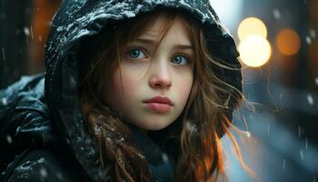 uma fofa menina sorridente, olhando às Câmera, desfrutando a chuva gerado de ai foto