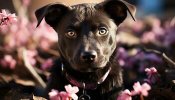 fofa cachorro sentado ao ar livre, olhando às Câmera, cercado de flores gerado de ai foto