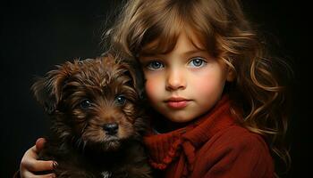 fofa pequeno cachorro, criança, e cachorro abraço dentro puro felicidade gerado de ai foto