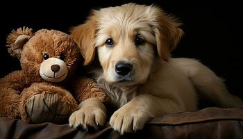 fofa cachorro sentado, olhando às Câmera, cercado de brinquedos gerado de ai foto