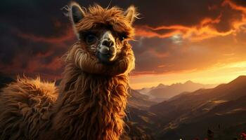 alpaca pastar em uma montanha Prado, pôr do sol tintas a panorama gerado de ai foto