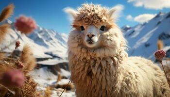 fofo alpaca roça dentro Nevado Prado, olhando fofa às Câmera gerado de ai foto