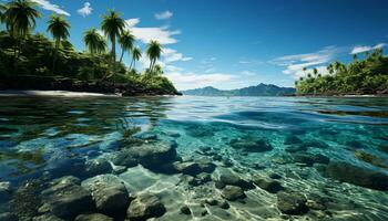 uma tranquilo cena do turquesa água, Palma árvores, e paraíso gerado de ai foto