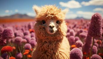 fofa alpaca pastar em grama, sorridente dentro lindo rural panorama gerado de ai foto