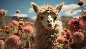 fofa alpaca pastar dentro verde Prado, desfrutando a ensolarado dia gerado de ai foto