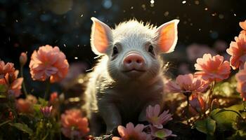 uma fofa leitão dentro uma Prado, cercado de lindo flores gerado de ai foto