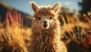 uma fofa alpaca roça em uma rural Fazenda às pôr do sol gerado de ai foto