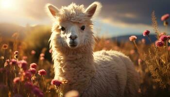 uma fofa alpaca roça dentro uma verde Prado às pôr do sol gerado de ai foto