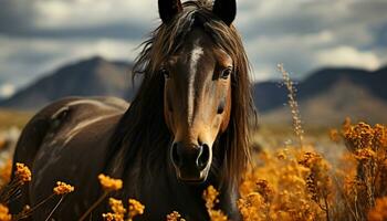 lindo cavalo pastar dentro uma Prado, desfrutando a rural cenário gerado de ai foto