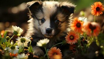 fofa cachorro sentado dentro grama, olhando às Câmera, cercado de flores gerado de ai foto