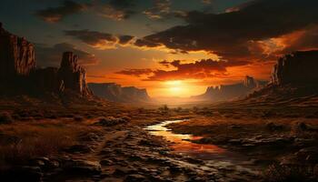 majestoso pôr do sol sobre erodido arenito, refletindo tranquilo montanha pico gerado de ai foto