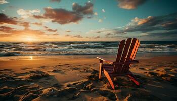 pôr do sol sobre tranquilo litoral, relaxamento em arenoso de praia gerado de ai foto