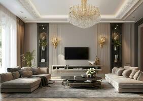 luxo moderno vivo quarto com elegante decoração ai gerado foto
