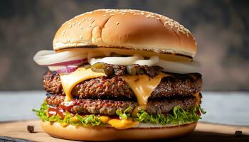 frente Visão do hamburguer com carne carne derretido queijo e legumes - ai gerado foto