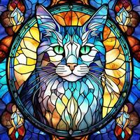 manchado vidro janelas com gatos colorida ilustração ai gerado foto