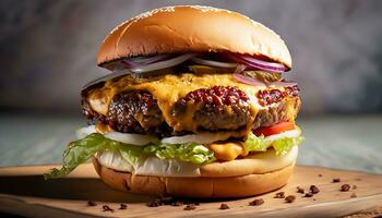 frente Visão do hamburguer com carne carne derretido queijo e legumes - ai gerado foto