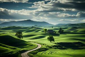 uma campo com verde Relva e rolando colinas. ai generativo foto