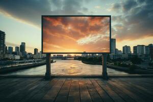 contra a pano de fundo do uma nascer do sol, uma em branco publicidade Painel publicitário antecipa a Sol. ai generativo foto