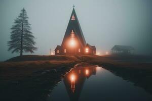 profissional panorama fotografia dentro a místico névoa panorama com uma igreja. ai generativo foto