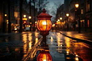 Atenção luminária dentro a rua às noite. vermelho alerta luminária ou Atenção indicador. ai generativo foto