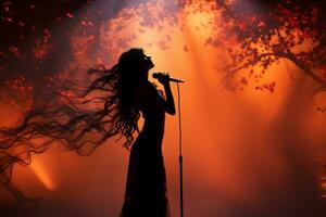 à moda fotografia do folclore menina cantando para uma microfone em estágio. ai generativo foto